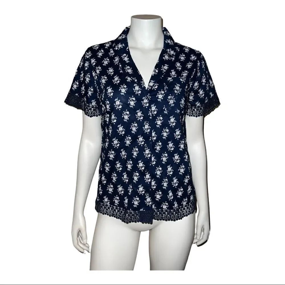 Charter Club Navy Mini Floral Lace-Trim Notch Collar Cotton Pajama Shirt NWT